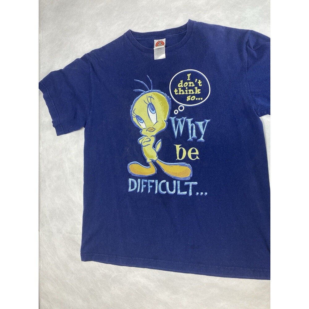 Why Be Difficult 90's Looney Tunes WB Tweety Bird 2-Sided TShirt Sz L Vtg READ